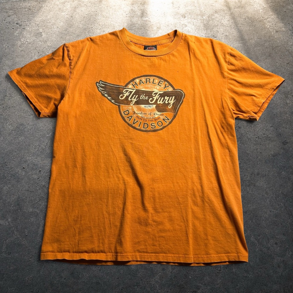 Harley Davidson Fly the Fury Graphic‎ T-Shirt Orange Biker Vintage XL